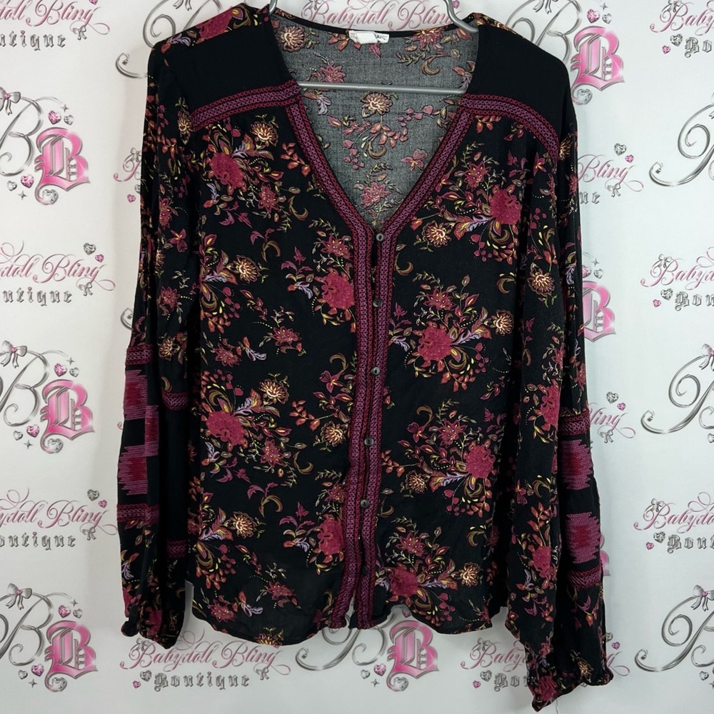 Tribal long sleeve button down flowers blouse Floral Black and Pink Women's Top